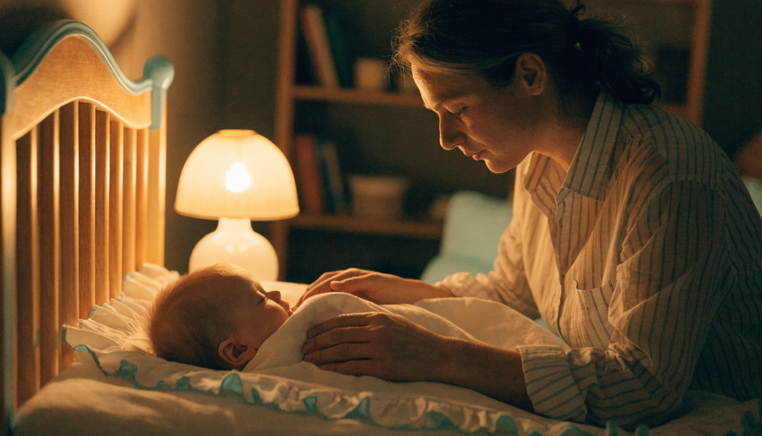 Parent bordant tendrement son bébé endormi le soir dans une chambre chaleureuse