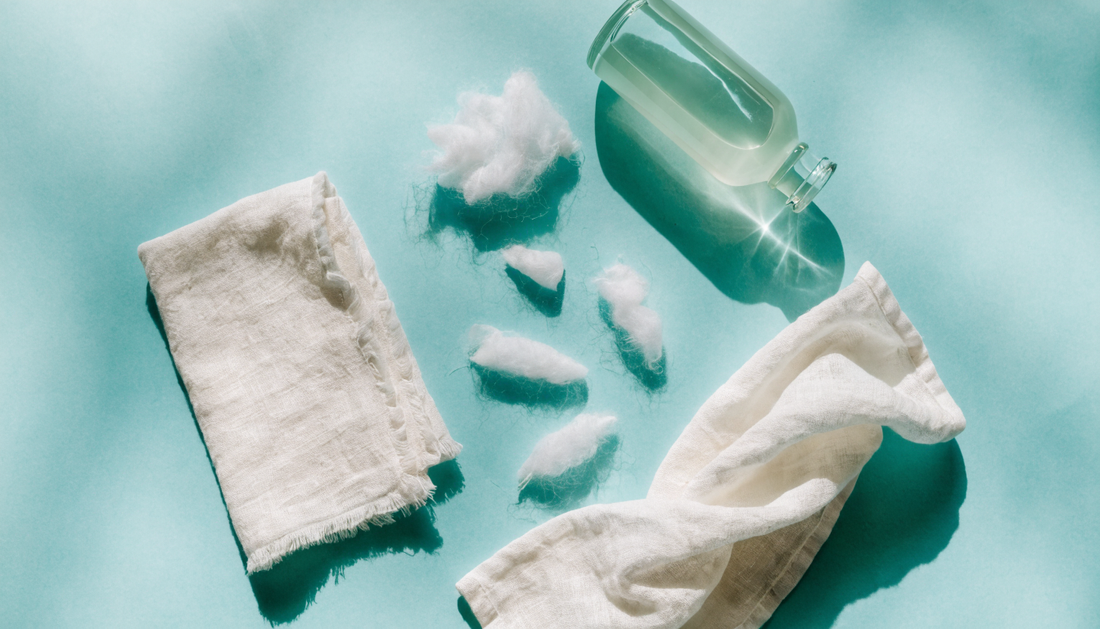 Essentiels de soin nasal pour bébé disposés sur un fond pastel turquoise