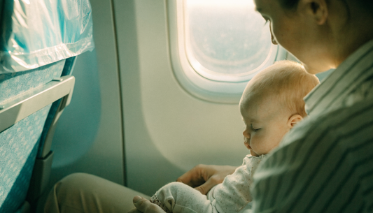 Parent tenant bébé près d'un hublot d'avion avant le décollage